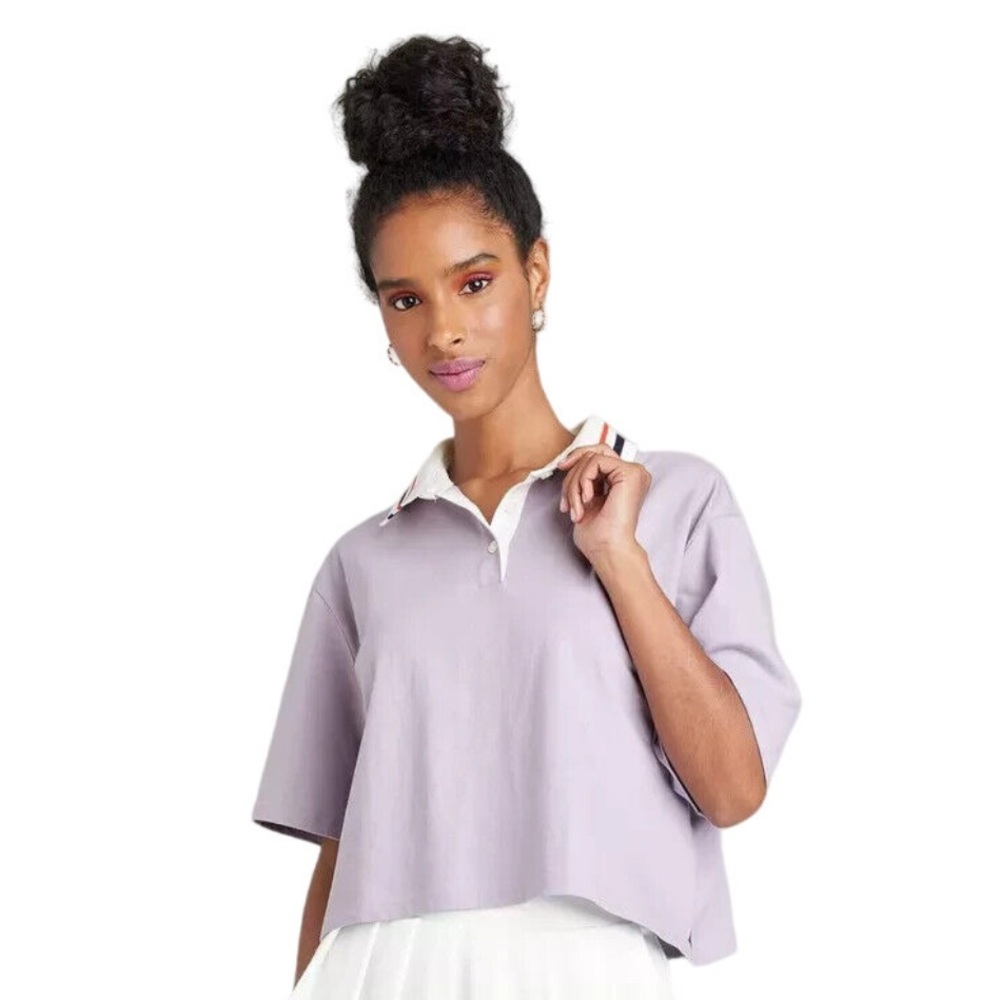 Wild Fable Women's Short Sleeve Rugby Shirt Purple Stripe Collar Large